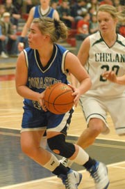 Photo by John F. Cleveland, IITonasket High School senior Cierra Silverthorn moves closer to the basket during Tonasket’s District Playoff game against Chelan on Feb. 21. Silverthorn has signed on to play for Walla Walla Community College next year.