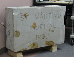 The original cornerstone of St. Martin's Hospital, sealed on Sept. 17, 1952. The construction crew at North Valley Hospital discovered the cornerstone in the wall  of the lobby and within it they found a time capsule when they hit it with a jackhammer. Th