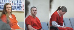 Three suspects in the Michelle Kiterman murder case await a ruling on DNA testing in the Okanogan County In-Custody Courtroom. They are (L-R) Tansy Fae Mathis, Brent L. Phillips and David Eugene Richards. A fourth suspect, Lacey Hirst-Pavek, is out on bai
