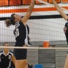 Oroville's Rebekkah McCoy, a junior, goes up for a block against Bridgeport in a match Tuesday, Oct. 6 on the Mustang's home court. Although the Lady Hornets lost, their coach described tit as one of the best games played all season. Photo by John Clevela