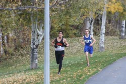 Tonasket’s Damon Halvorsen running behind Cashmere’s Roman Velazquez during the cross country district meet on Thursday, Oct. 29. Halvorsen finished the meet in second place with a time of 16:46. Submitted by Bob Thornton