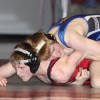 Tonasket junior Lee Leavell, wrestling in the 145 pound weight class, holds his Okanogan opponent, Ryan Kells, in control during Tonasket’s meet in Okanogan on Thursday, Jan. 21. Leavell pinned Kells in the second round with four seconds left. Photo by