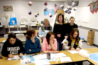 Oroville High School students (front, L-R) Abril Lopez, Jessica McAllister, Laurel Griffin, Serena Carper and (back row) Tiffany Roberts, Morgan Roloff and Austianna Quick in a web cam shot as they meet face-to-face over the internet with students in Jala