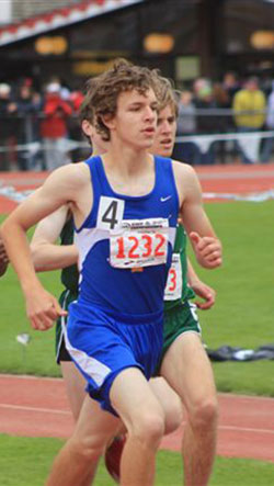 Tonasket sophomore Damon Halvorsen running in the 3200 meter race on Saturday, May 29 at the State Track meet in Cheney. Halvorsen finished the race in 11th place with a time of 10:27, a personal record and only six seconds behind the seventh place runner