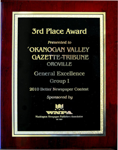 The “General Excellence” plaque presented to the Okanogan Valley Gazette-Tribune newspaper at the Awards Banquet for the Washington Newspaper Publishers Association’s annual convention.