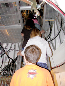 Students in small groups climbed several sets of steps to climb up to a small room below the radio telescope dish, which is part of the Very Long Baseline Array that comprises 10 of these antennae to gather radio waves from outer space. Photos by Dave Tay