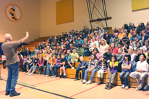 Students from Oroville's third, fourth, fifth and sixth grades listen intently to noted children's author Gordon Korman who spoke on how he gets his inspiration to write his well known books. photo by Gary DeVon