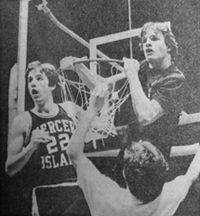 Photo by Owen Blauman / Provided by the <i></noscript>Mercer Island Reporter</i>Unforgettable: two of the writer’s classmates, Kyle Pepple (left) and Doug Gregory, can’t believe what they see as they’re about to cut down the net. Thirty seconds after the 1981 state ” title=”2285a” width=”” height=”” class=”size-FULL”>
<p class=