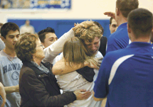 Photo by Brent Baker — Tears flowed freely for John Stedtfeld and the Tonasket boys basketball team after the dramatic finish to their 49-game Caribou Trail League losing streak on Thursday, Feb. 2.