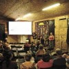 Geoff Klein, Mo Fine and Esther Bricques winemakers Steve and Linda Colvin welcome movie-goers to the barrel room which has been converted to a theater for the TwIFF.