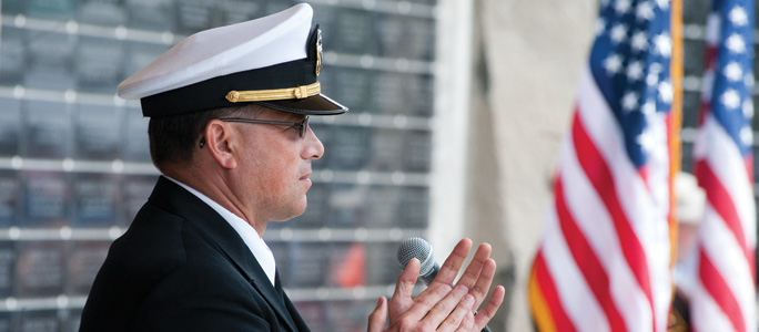 Lt. Cmdr. Allen Willey, a 1985 Tonasket High School graduate who has served 27 years in the U.S. Navy Civil Engineer Corps, speaks at the dedication of the U.S. Armed Forces Legacy site dedicationon Saturday May 18.