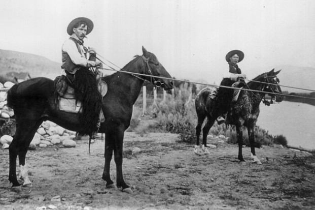 Caption:Two typical Okanogan cowboys of late 19th Century. Okanogan County Historical Society photo #110