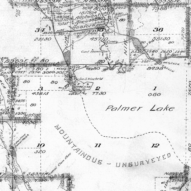 1896 USGS Survey Map of Townships 39 & 40, Range 25 East Okanogan tribal legend cautions that if a person should see the monster that lives in the northeast corner of Palmer Lake, they will die. The ancient stories told just how some reckless acts of infidelity or greed could lead to a watery doom. Events of 1893 at Palmer Lake involved at least nine reckless men who found themselves at that perilous shore. One of them died.