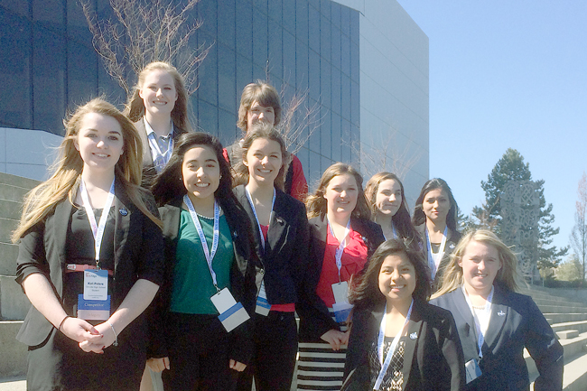 Members of the Oroville Future Business Leaders who travelled to Spokane for the State Conference prior to opening session at the INB waterfront in Spokane (front row, l-r) Yessica Nemecio and Courtnee Kallstrom, (middle) Kali Peters, Jeniffer Cisneros, Bailey Griffin, Ellamae Burnell, Lena Fuchs, Pie Todd, (back) Mikaela McCoy, Dakota Haney. Not pictured setting up for conference, Tori Kindred. Submitted photos