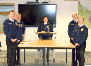 The Parli Pro Novice Team demonstrated their Rituals proceedings at the Tonasket School Board meeting Monday, May 11, before going on to compete at State. Pictured, clockwise, are Samantha Whitney, Katie Henneman, Madyson Clark, Nichole Juarez, Camille Wilson and Morgyne Hjaltason. The team finished second in State. Submitted photo