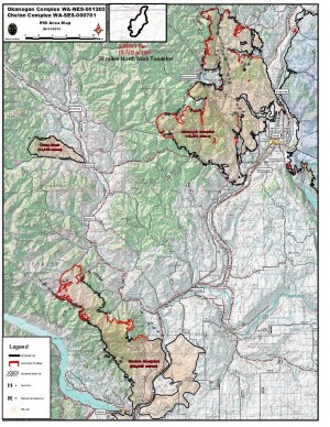The latest fire map showing the Okanogan Complex and the Chelan Complex.
