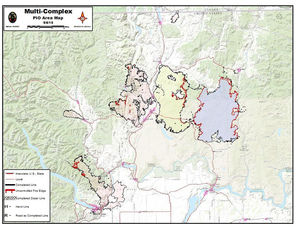 Fire Map of Okanogan Complex and Chelan Complex Fires as of the morning of Tuesday, Sept. 8, 2015.