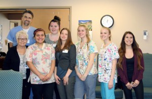 Tonasket students Nicole Juarez, Alyssa Wince, Katie Henneman, Jordan Brandt and Lorena Sanchez along with NVH employees Trevor Rise (Surgery), Linda Holden (Extended Care) and Amber Hall (Dietician).NVH submitted photo