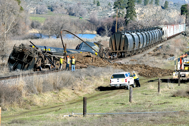 A view of the five cars that derailed the afternoon of Monday, March 14 on the Cascade & Columbia River Railroad. Katie Teachout/staff photos