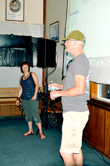 Festival Co-founders Geoff Klein and Mo Fine warm up the audience at Alpine Brewery