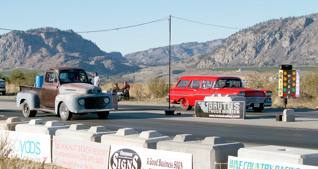 Two winners from the 2015 Rumble in the Valley ready their cars and their nerves at the starting lights at Richter Pass Motorplex in Osoyoos, BC. Cliff Meeds, from Oliver, BC, won the Car Club Challenge in his 1949 Mercury truck. Reg Krutom, from Kelowna, BC, won the Fast Eight shoot-out in his 1958 Yeoman station wagon. Dan Hodson, Oliver, BC/submitted photo