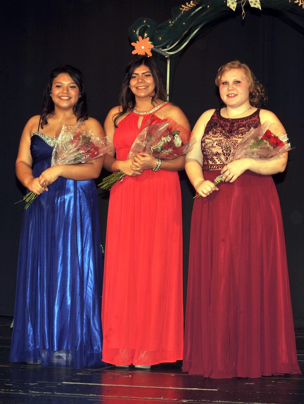 Gary DeVon/staff photos Paz Lopez, center, was chosen as this year's Oroville May Festival Queen at Selection Night held at the Oroville High School Commons. She is joined by Estifenny Carillo (left) and Hannah McCoy, who will serve as Oroville's May Festival Princesses representing the community not only during May Festival, the second Saturday in May, but also at other regional community events in Washington and British Columbia.