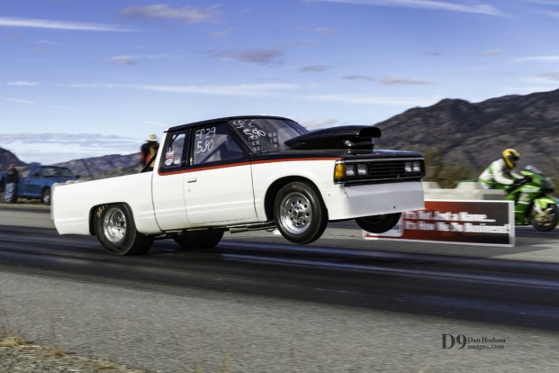 Don Hodson/submitted photo  Peachland’s Phil Walter gets “high” in drag racing style. Walter’s 1986 Nissan truck launches hard from the starting lights at Richter Pass Motorplex. 