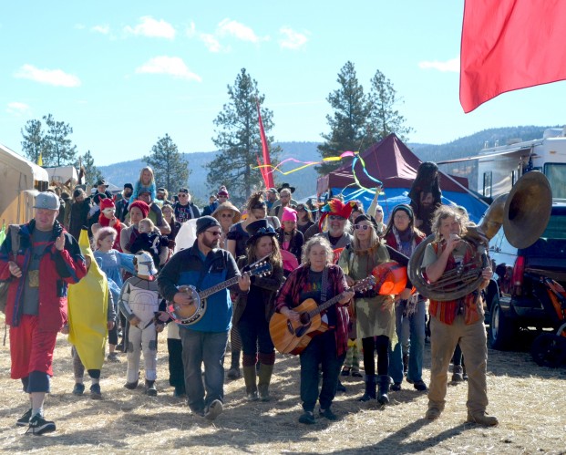 Local musicians lead the annual parade around the grounds. Left to right: Casey Martin on banjo, Angela Cross on flute, Lota Duarte on guitar, Kristen Super on drum and Michael "Buffalo" Mazzetti.