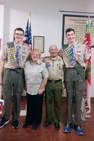 Carrie Crickmore/submitted photos Nathan and Collin Rise with their former Cubmaster Vicki Hart and Scoutmaster Walt Hart at their Boy Scouts Eagles Court of Honor held at the American Legion Hodges Post #84 in Oroville. 