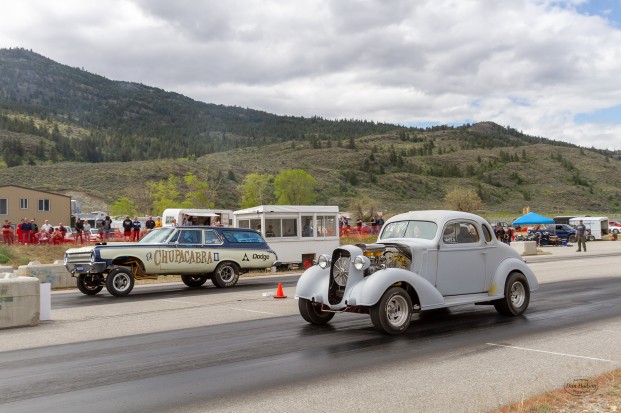 Dan Hodson/submitted photo The ever-popular Chupa Cabra II (driven by Polara Pat McInnis of Nelson,BC) and Frank Egli's 1935 Chevy coupe (Salmon Arm,BC) launch hard from the starting line at WCRA drag race #1-Osoyoos, BC.