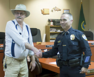 Laura Knowlton/G-T File Photo Mayor Dennis Brown welcomes Darrin Odegarrd back in July of this year during happier times for the the new Police Chief.