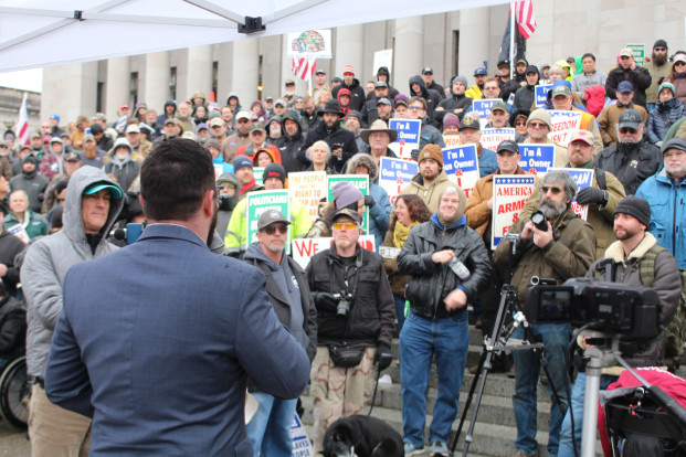 Cameron Sheppard,/WNPA News Service Matt Marshall, leader of the Washington Three Percenters gun rights group, addresses a crowd rallying for Second Amendment rights Jan. 17 at the state Capitol in Olympia. Marshall condemned Republican leadership in the House of Representatives, which expelled Rep. Matt Shea from the Republican Caucus. Marshall announced his candidacy for the 2nd District seat held by House Minority Leader J.T. Wilcox.
