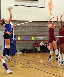 Tonasket Lady Tiger Cierra Silverthorn takes to the sky in a volleyball match against Lake Roosevelt. Silverthorn was among those named for an honorable mention by the Caribou Trail League.Silverthorn earns honorable mention for CTL All-League Volleyball