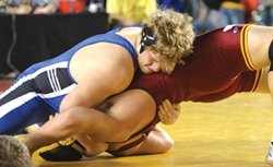 Photo by Terry Mills&amp;nbsp; Tonasket heavyweight wrestler Josh Brazil meets an opponent on the mat Feb. 15 in Tacoma. Brazil placed fifth in his bracket.