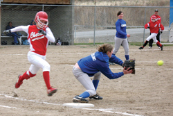 By Amy Veneziano            She’s out, but not without a good try. Tonasket first base player Jessie Hedlund sent a Chelan runner back to the bench April 24 in Tonasket. Tonasket lost 0-1