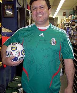 Submitted photoErnesto Cerillo of Allen’s Auto Parts earned a trip to the Mexico - China soccer match in Seattle and won a signed jersey with signatures of Mexican soccer greats.