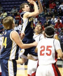 Oroville's Brandon Funston, a junior, scored 21 points against White Swan and 11 against Quilcene in two tough games at Spokane's Veteran's Coliseum during WIAA 2B State Tournament play. Photos by Terry Mills