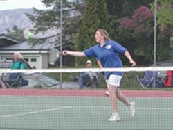 856a Photo by Emily HansonJoylnn Sullivan hitting the ball during her match against Lake Roosevelt on Friday, May 8. Sullivan played on the number one doubles team with Melissa Martinez and they defeated Mo Bell-Bart and Monica Warriors 6-3, 6-4.