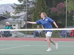 Photo by Emily HansonJoylnn Sullivan hitting the ball during her match against Lake Roosevelt on Friday, May 8. Sullivan played on the number one doubles team with Melissa Martinez and they defeated Mo Bell-Bart and Monica Warriors 6-3, 6-4.