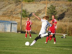 Tonasket Ashley Booker about to kick the ball away from the Tonasket goal during the Tiger’s home loss to Cascade on Tuesday, Oct.  6.Photo by Emily Hanson