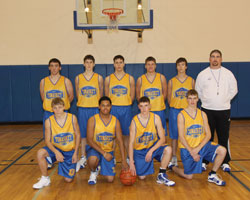 The Tonasket High School 2009-2010 varsity boys’ basketball team. In the front from left to right are: John Stedtfeld, Terrell Cross, Corbin Moser and Tyler Thornton. In the back from left to right are: RJ Roeber, Colton Ayers, Wade DeTillian, Zach Neal