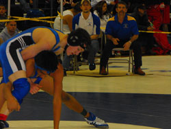 Tonasket junior Peter Williams working hard to avoid being pinned during his match in the 145 pound weight class at the Warden Invitational on Saturday, Jan. 9. Williams finished the tournament in second place. Photo by Janine McCormick