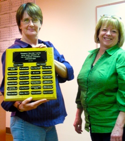 1159a Tonasket City Councilmember Jean Ramsey along with City Clerk Alice Attwood displaying the name plaque honoring the people who donated money so the Holiday Light Committee could buy new snowflake holiday lights which have been on display on poles througho