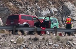 A Tonasket man died Wednesday when his green Jeep Cherokee collided with a red Dodge Nitro driven by an Oroville woman.Photo by Les Bowen