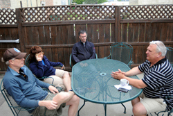 Filmmakers Geoff Klein and Mo Fine, seen here with friend Mark Bertoglio and Bart Traubek, owner of Alpine Brewery, discuss the upcoming Tumble Weed Film Festival at Alpine Brewery in Oroville. Traubek, whose brewery will be one of the venues for the fest