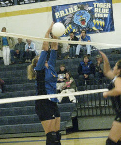 Tonasket sophomore Sadie Long jumps up and slams the ball over the net against Bridgeport during the Tigers’ home game on Tuesday, Sept. 7. Photo by Emily Hanson