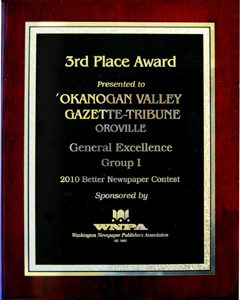 The “General Excellence” plaque presented to the Okanogan Valley Gazette-Tribune newspaper at the Awards Banquet for the Washington Newspaper Publishers Association’s annual convention.