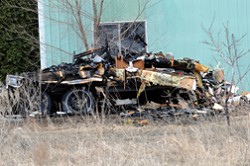 1762a Not much remains of the fifth-wheel camper trailer in which Wayne Cumbo perished last Saturday in Oroville at his father’s property on the corner of Chesaw and Sawtells roads. Photo by Gary DeVon