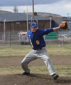 Tonasket senior Corbin Mirick pitches against the Chelan Goats during the Tigers’ first home game of a doubleheader on Saturday, April 2. Photo by Terry Mills