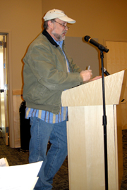 Tonasket’s Jim Morgan speaks to the Okanogan County Public Utility District’s commissioners during their board meeting on Tuesday, April 5. “We hire you to look out for us and I don’t feel you’re doing that,” Morgan said. Photo by Emily Hanson